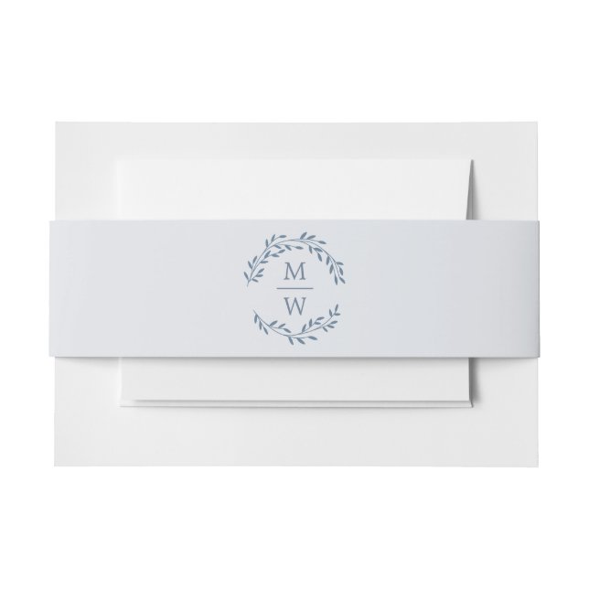 Dusty Blue Monogram Wreath Wedding Invitation Belly Band (Front Example)