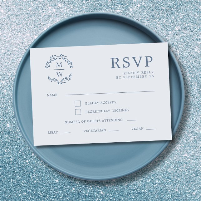 Dusty Blue Monogram Wreath Wedding RSVP Card (Dusty Blue Monogram Wreath Wedding RSVP Card)