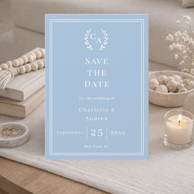 Dusty blue monogram wreath wedding save the date (Creator Uploaded)