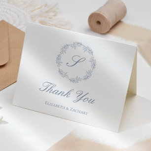 Dusty Blue Monogram Wreath Wedding Thank You Card