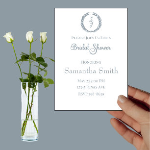 Dusty Blue Monogram Wreath White Bridal Shower Invitation