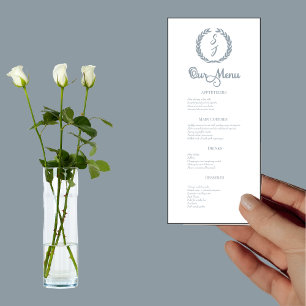 Dusty Blue Monogram Wreath White Dinner Menu