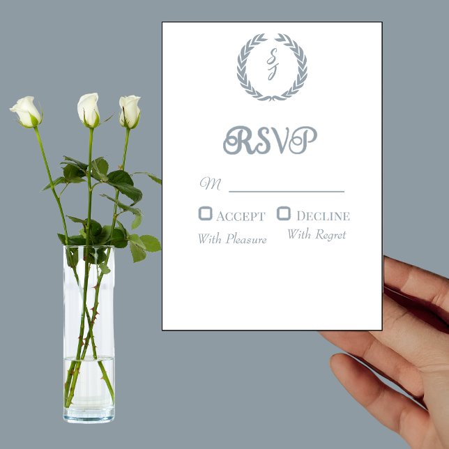 Dusty Blue Monogram Wreath White RSVP Card (Creator Uploaded)