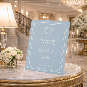 Dusty blue monogrammed elegant wedding welcome pedestal sign