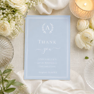 Dusty blue monogrammed minimalist birthday thank you card