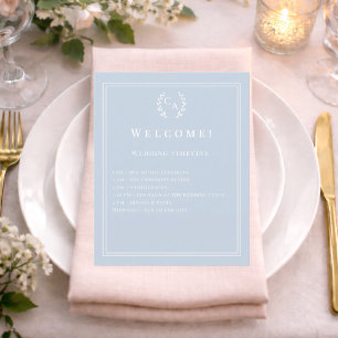 Dusty blue monogrammed wedding program details flyer