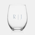 Dusty Blue Monograms Couple Name Minimal Wedding Stemless Wine Glass<br><div class="desc">Designed with text template for monogrammed initials which you can customise!</div>