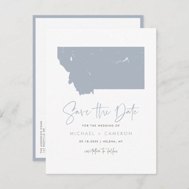 Dusty Blue Montana Map QR Code Save the Date Announcement Postcard (Front/Back)