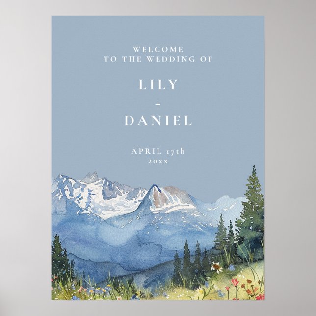 Dusty Blue Mountain Floral Wedding Welcome Sign (Front)