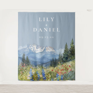 Dusty Blue Mountain Wedding Photo Backdrop Tapestry