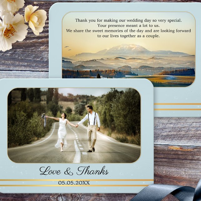 Dusty Blue Mountain Wedding Photo Thank You Card (Wedding Thank You photo card featuring a fine art mountain painting on dusty blue and gold)