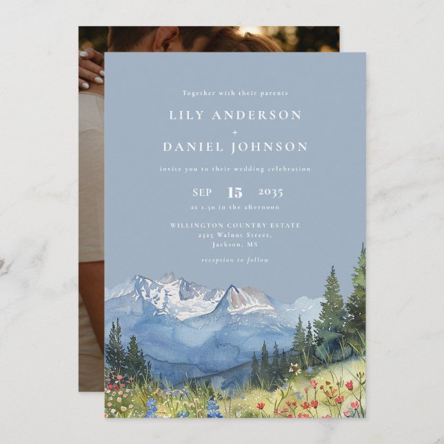 Dusty Blue Mountain Wildflower Photo Wedding Invitation (Front/Back)