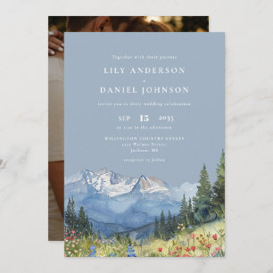 Dusty Blue Mountain Wildflower Photo Wedding Invitation