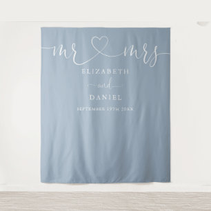 Dusty Blue Mr And Mrs Heart Script Wedding Tapestry
