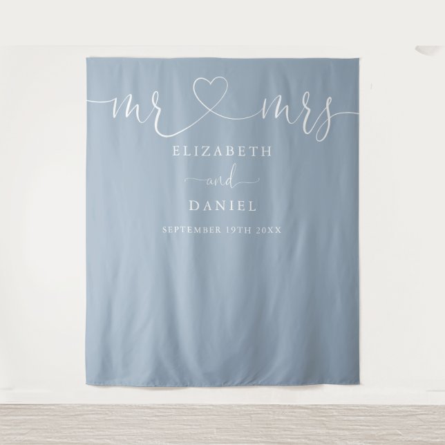 Dusty Blue Mr And Mrs Heart Script Wedding Tapestry (Front)