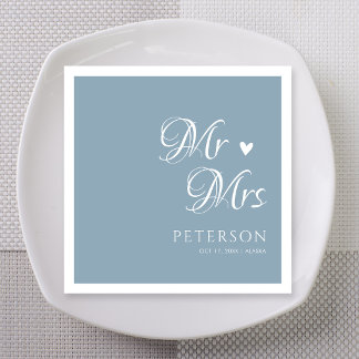 Dusty Blue Mr & Mrs Heart Wedding Custom Napkin