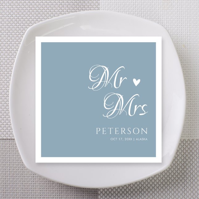 Dusty Blue Mr & Mrs Heart Wedding Custom Napkin (Dusty blue Mr and Mrs heart wedding custom napkins with names and date for elegant reception)