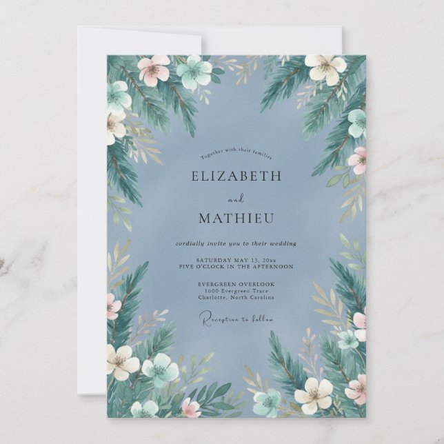 Dusty Blue Muted Spruce Winter Wedding Invitation (Front)