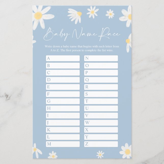 Dusty Blue Name Race Baby Shower Game card (Front)