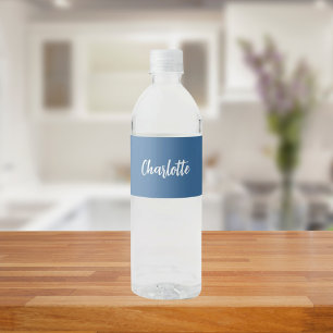 Dusty blue name script water bottle label