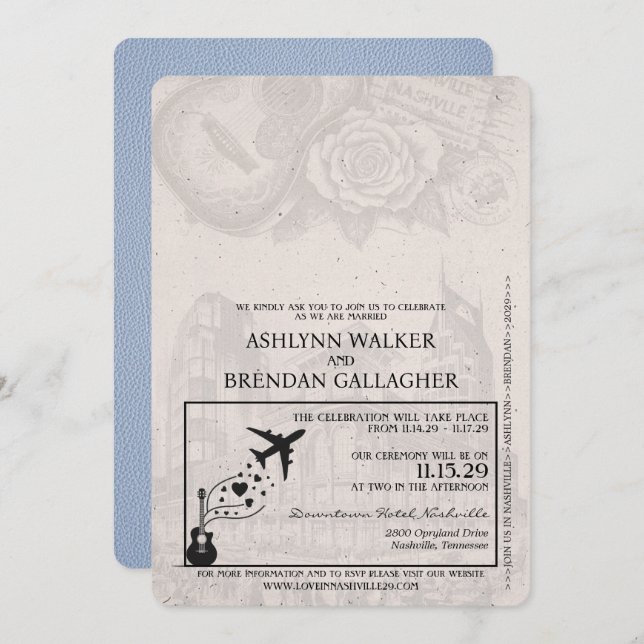 Dusty Blue Nashville Passport Wedding Invitation (Front/Back)
