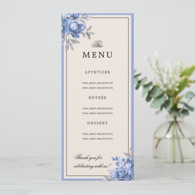 Dusty Blue Natural Rustic Floral Wedding Menu  Invitation (Standing Front)