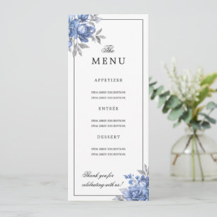 Dusty Blue Natural Rustic Floral Wedding Menu  Invitation