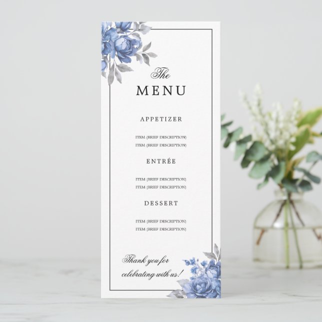 Dusty Blue Natural Rustic Floral Wedding Menu  Invitation (Standing Front)