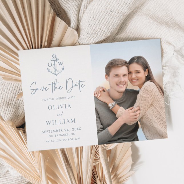 Dusty Blue Nautical Anchor Monogram Wedding Photo Save The Date (Creator Uploaded)