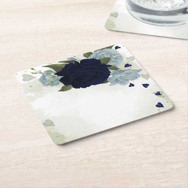 dusty blue & navy blue flowers greenery  square paper coaster (Angled)