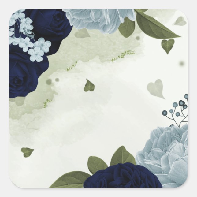 dusty blue & navy blue flowers greenery square sticker (Front)