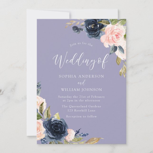 Dusty Blue Navy & Blush Flowers Wedding Invitation (Front)