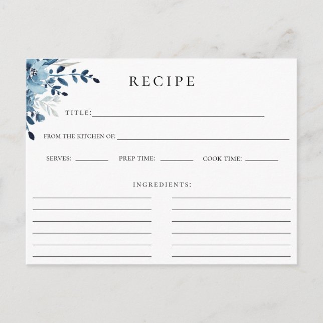 Dusty Blue Navy Botanical Floral Recipe Card (Front)