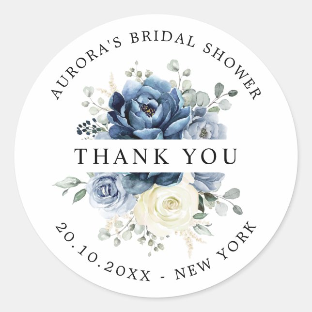 Dusty Blue Navy Champagne Bridal Shower Thank you Classic Round Sticker (Front)