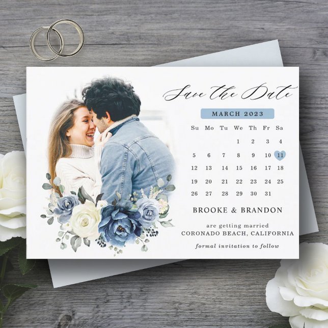 Dusty Blue Navy Champagne Ivory Floral calendar Sa Save The Date (Dusty blue ivory calendar save the date)