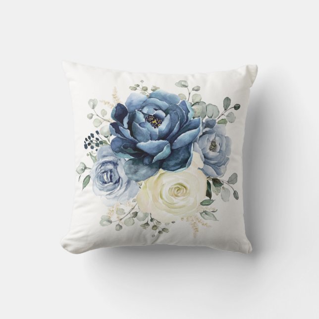 Dusty Blue Navy Champagne Ivory Floral Cushion (Front)