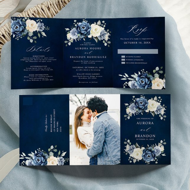 Dusty Blue Navy Champagne Ivory Floral  Tri-Fold  (Dusty Blue Navy Champagne Ivory Floral Tri-Fold all in one wedding invitation | announcement)