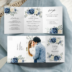 Dusty Blue Navy Champagne Ivory Floral  Tri-Fold Announcement