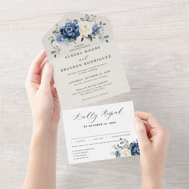 Dusty Blue Navy Champagne Ivory Floral Wedding All In One Invitation (Tearaway)