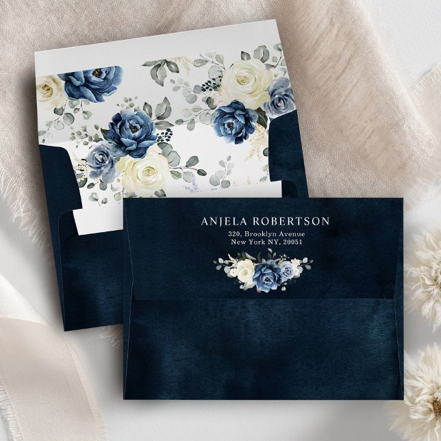 Dusty Blue Navy Champagne Ivory Floral Wedding Env Envelope (Dusty Blue Navy Champagne Ivory Floral custom Wedding  Envelope with return address)