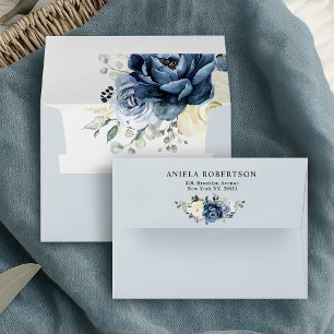 Dusty Blue Navy Champagne Ivory Floral Wedding Envelope