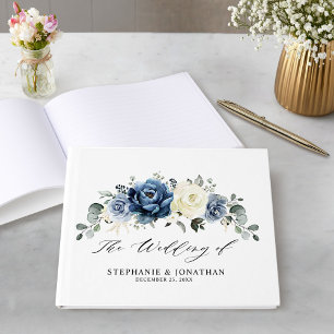 Dusty Blue Navy Champagne Ivory Floral Wedding Guest Book