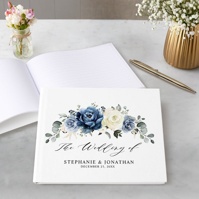 Dusty Blue Navy Champagne Ivory Floral Wedding Guest Book (Dusty Blue Navy Champagne Ivory Floral Wedding Guest Book)