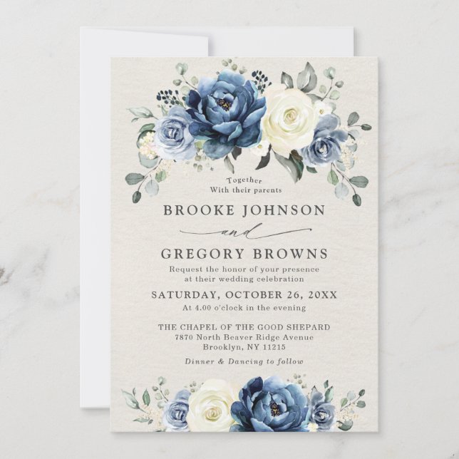 Dusty Blue Navy Champagne Ivory Floral Wedding  In Invitation (Front)