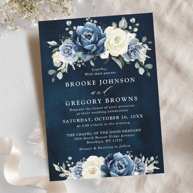 Dusty Blue Navy Champagne Ivory Floral Wedding  In Invitation (Dusty Blue Navy Champagne Ivory Floral Wedding In Invitation)