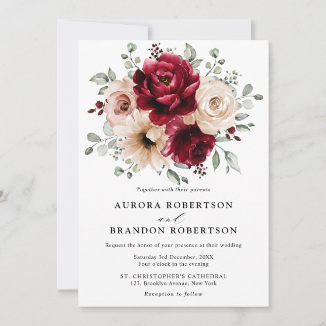 Dusty Blue Navy Champagne Ivory Floral Wedding Inv Invitation (Front)