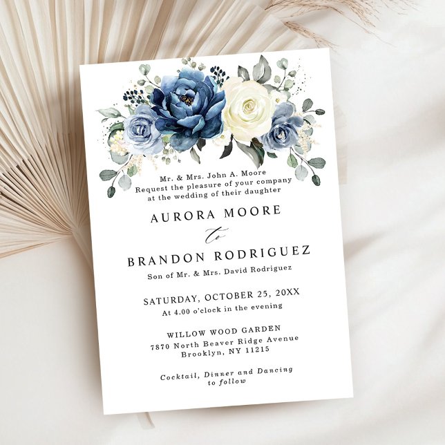 Dusty Blue Navy Champagne Ivory Floral Wedding Inv Invitation (Dusty Blue Navy Champagne Ivory Floral Wedding Invitation)