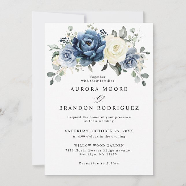 Dusty Blue Navy Champagne Ivory Floral Wedding Inv Invitation (Front)