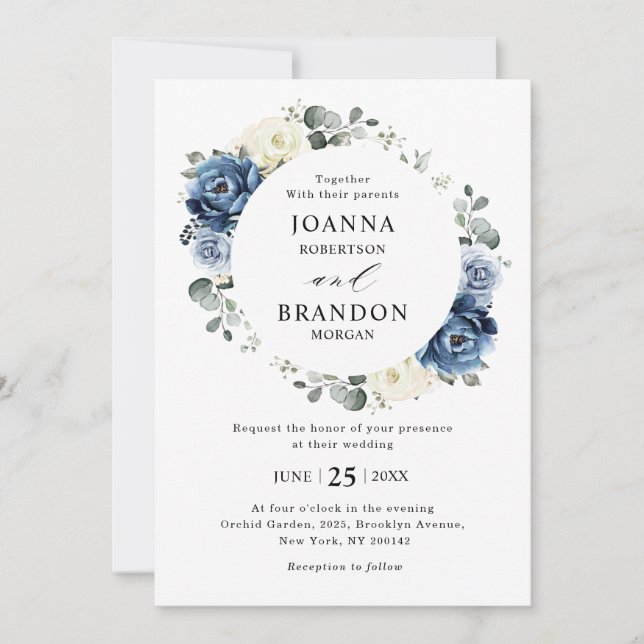 Dusty Blue Navy Champagne Ivory Floral Wedding Invitation (Front)