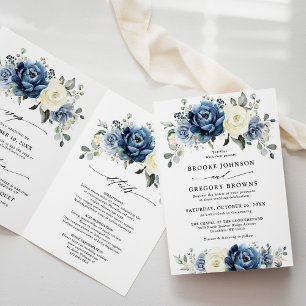 Dusty Blue Navy Champagne Ivory Floral Wedding Invitation